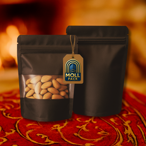 كيس ورق كرافت أسود بطبقة عازلة قابل لإعادة الإغلاق مع نافذة